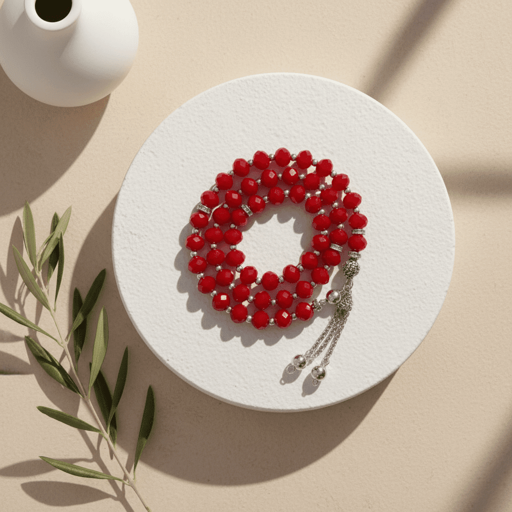Crystal glass prayer tasbeeh beads, red round beads with silver-tone tassel, circular