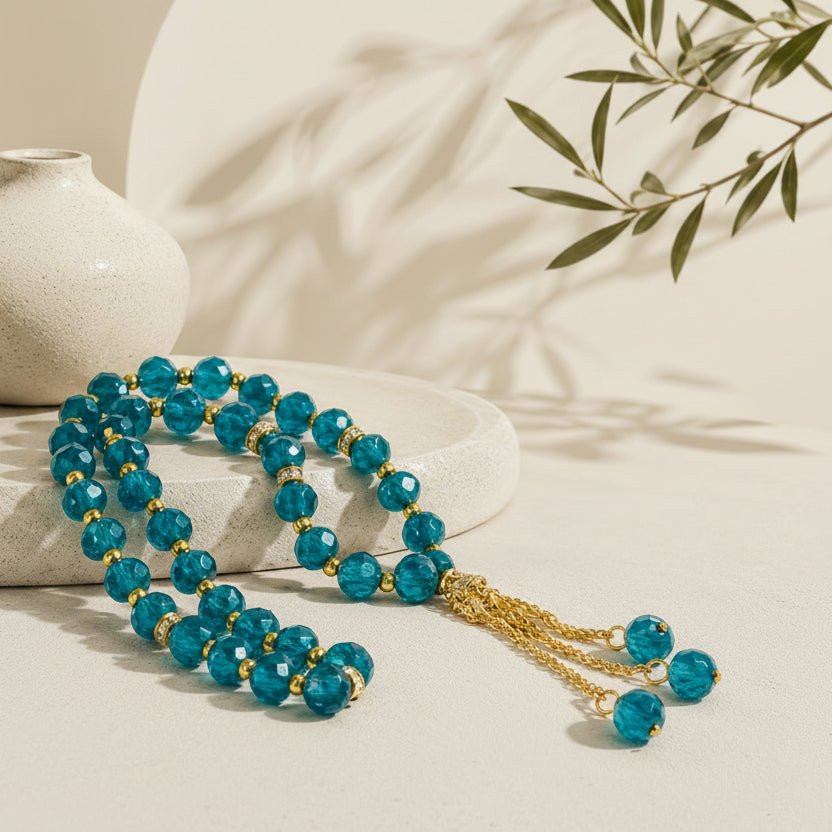 Crystal glass prayer tasbeeh beads, teal round beads with gold tassel and chain