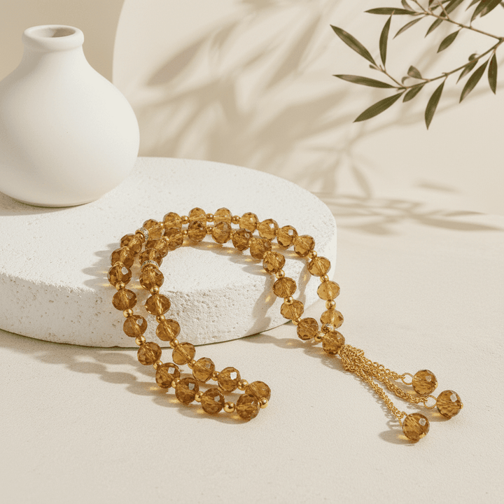 Crystal glass prayer tasbeeh beads, honey gold round beads with gold-tone chain tassel