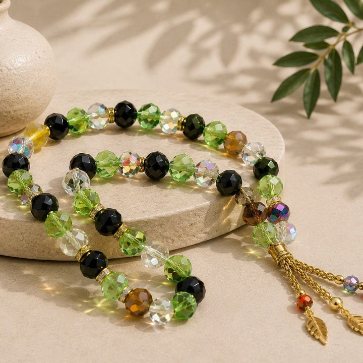 Crystal glass Muslim prayer tasbeeh with multicolor faceted beads and gold tassel