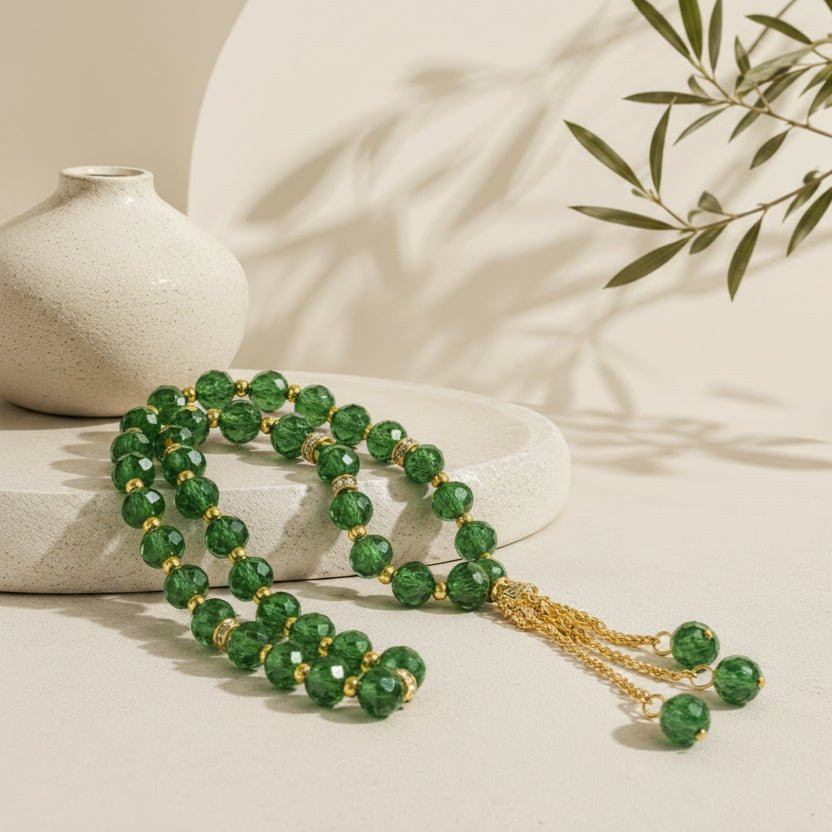 Crystal glass prayer tasbeeh beads, green round beads with gold tassel and chain