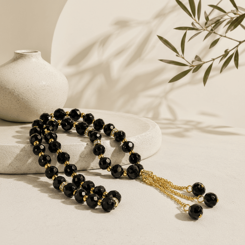 Crystal glass prayer tasbeeh beads, black round beads with gold-tone tassel and chain
