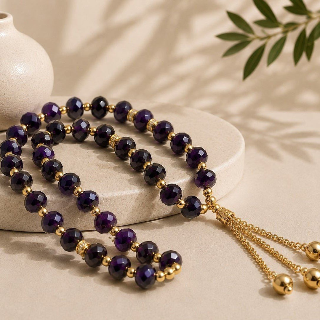 Crystal glass Muslim prayer tasbeeh with deep purple faceted beads and gold tassel