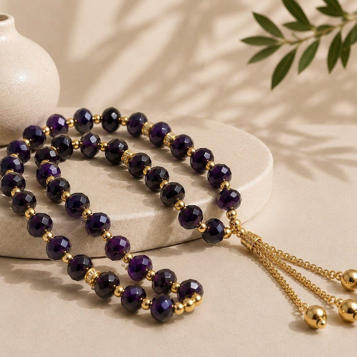 Crystal glass Muslim prayer tasbeeh with deep purple faceted beads and gold tassel