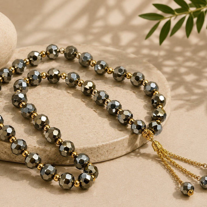 Crystal glass Muslim prayer tasbeeh with gray faceted beads and gold-tone tassel