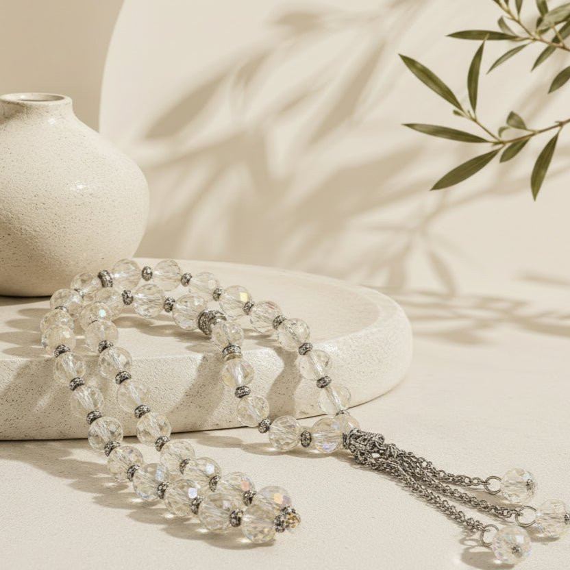 Crystal glass prayer tasbeeh beads, clear round beads with silver-tone tassel