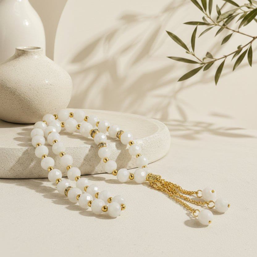 Crystal glass prayer tasbeeh beads, white round beads with gold tassel and chain