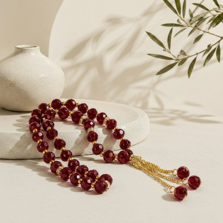 Crystal glass prayer tasbeeh beads, deep red round beads with gold tassel and chain