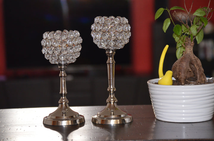 Set of 2 silver crystal hurricane candle holders with clear faceted beaded domes