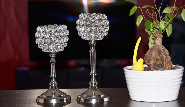Pair of silver crystal hurricane candle holders with round beaded glass shades