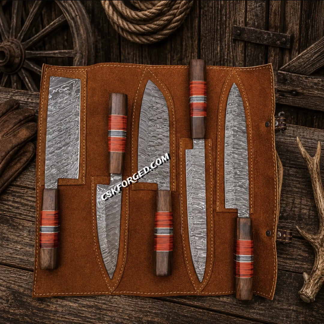 Damascus steel kitchen knife set in brown leather roll, 4 knives with striped handles