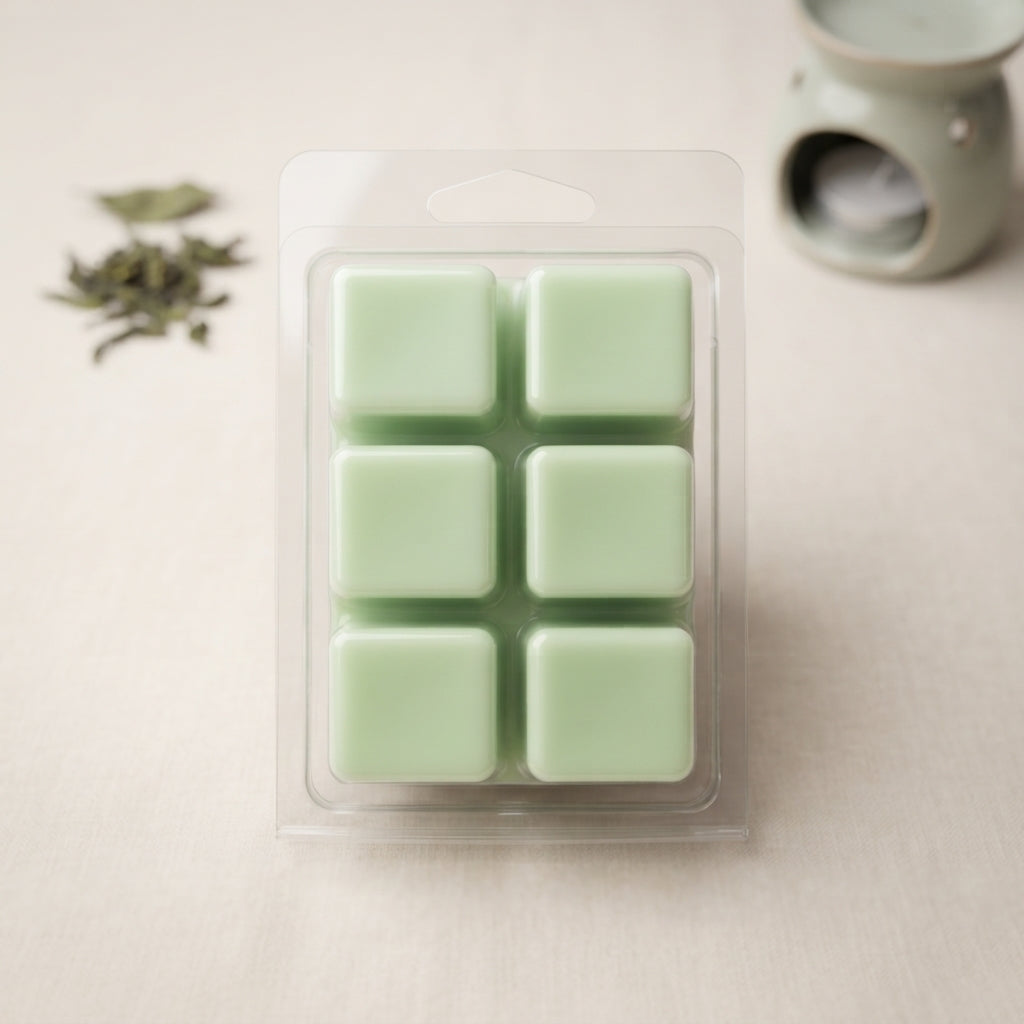 Wax melt cubes in clear clamshell, pale mint green, six-square layout