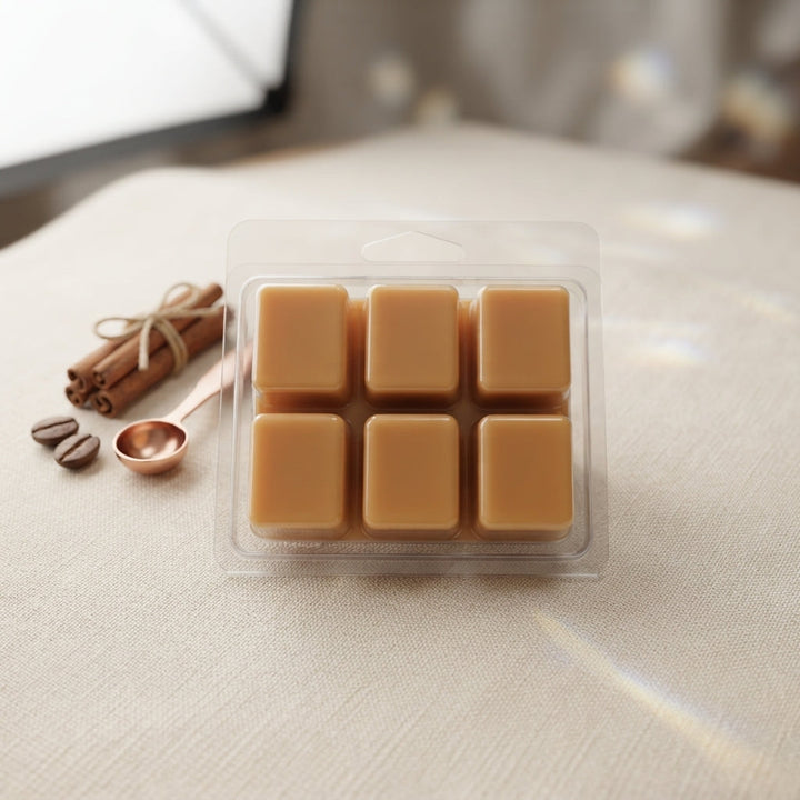 Golden tan wax melt cubes in clear 6-cube clamshell tray