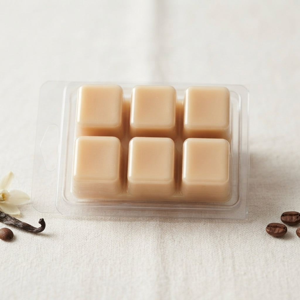 Light beige wax melt cubes in clear clamshell, 3x3 cube grid