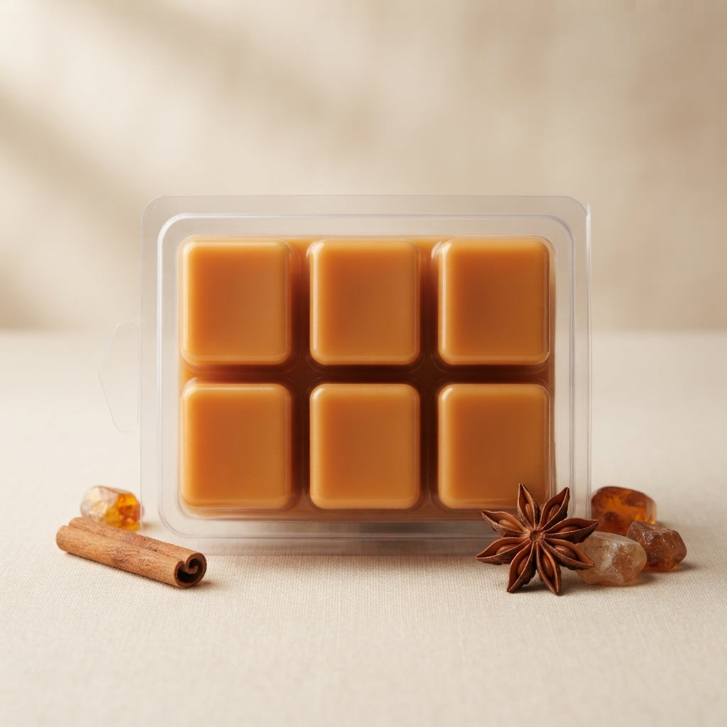 Wax melt cubes in clear clamshell, amber orange, six-square layout