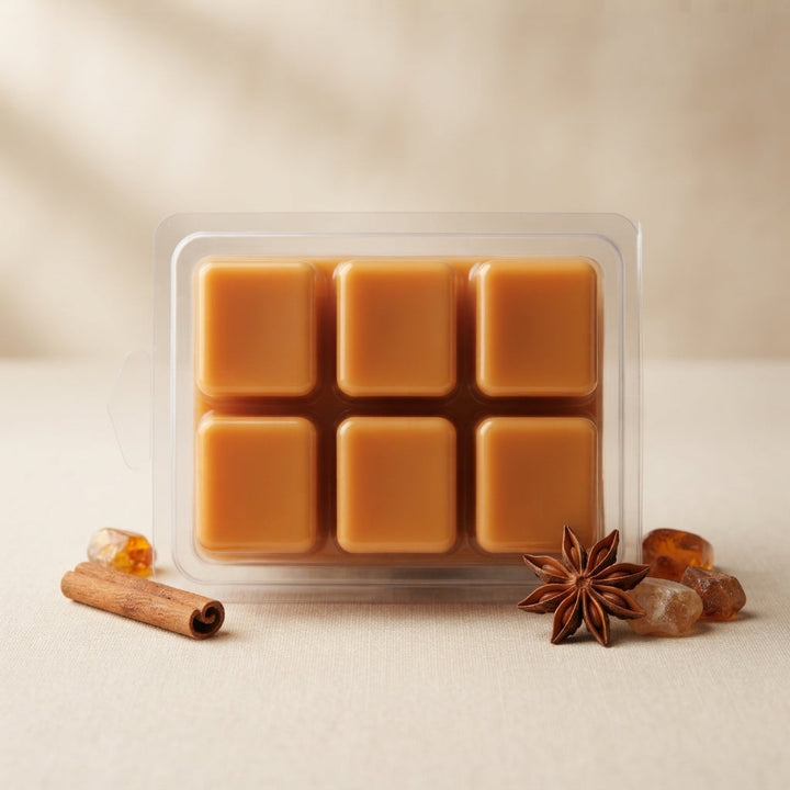 Wax melt cubes in clear clamshell, amber orange, six-square layout