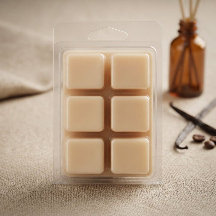 Wax melt cubes in clear clamshell, creamy off-white, six-square layout