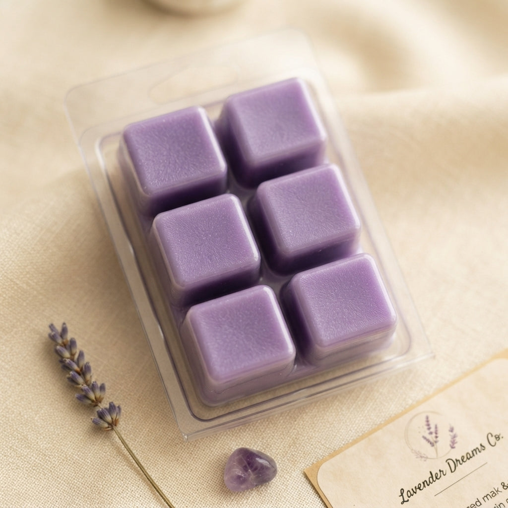Wax melt cubes in clear clamshell, lavender purple, six-square layout
