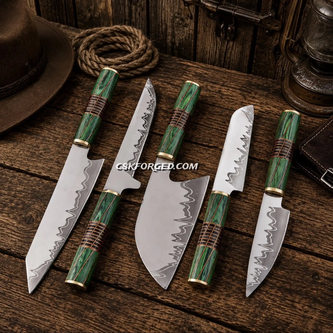 5-piece chef knife set with green pakka wood handles and steel blades