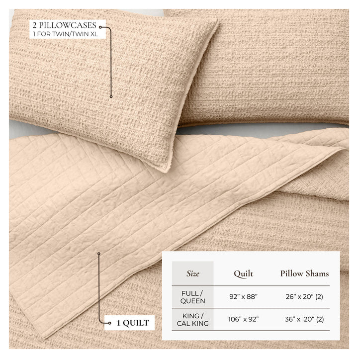 100% Cotton Honeycomb Waffle Garment Washed Quilt Set - Genevieve Collection