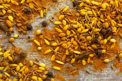 Colombo curry powder with whole spice seeds and granules on a surface