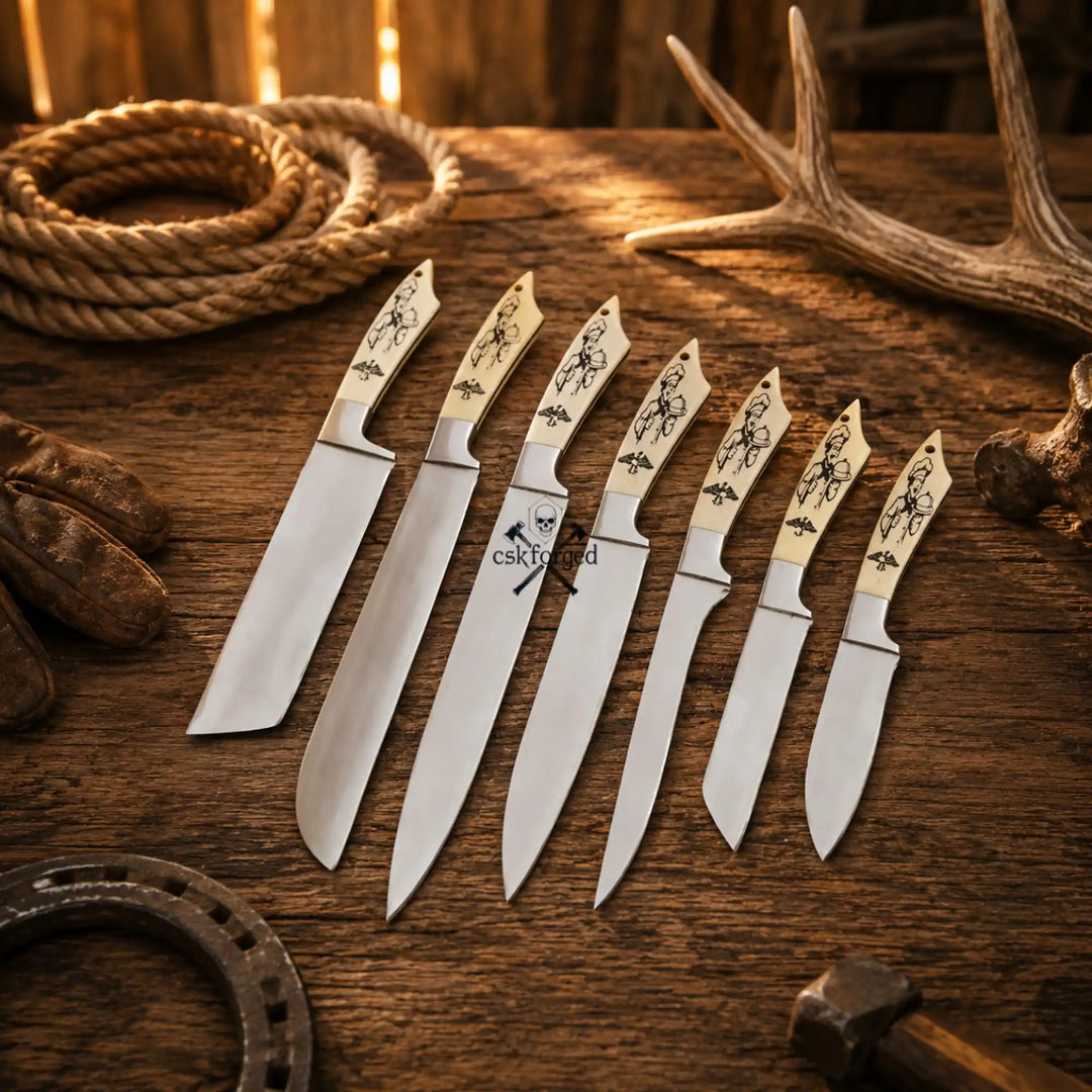 7-piece chef knife set with light cream handles and printed blades