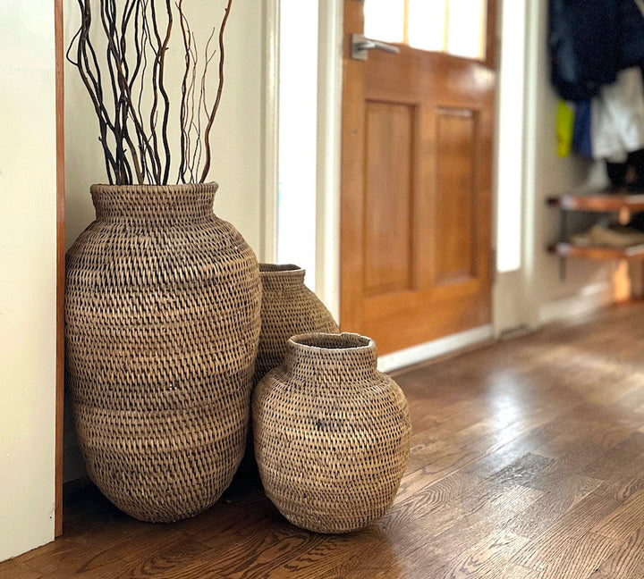 XXLarge Buhera basket with two smaller woven straw baskets, narrow neck and open tops