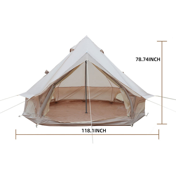 Bell camping tent with open front door and beige interior lining, shown with size measurements