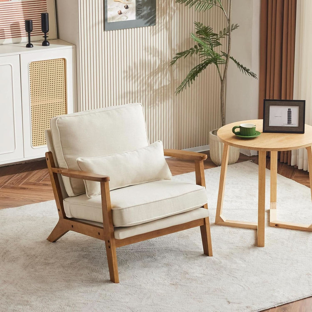 Beige Linen Upholstered Accent Chair Wide Armrests