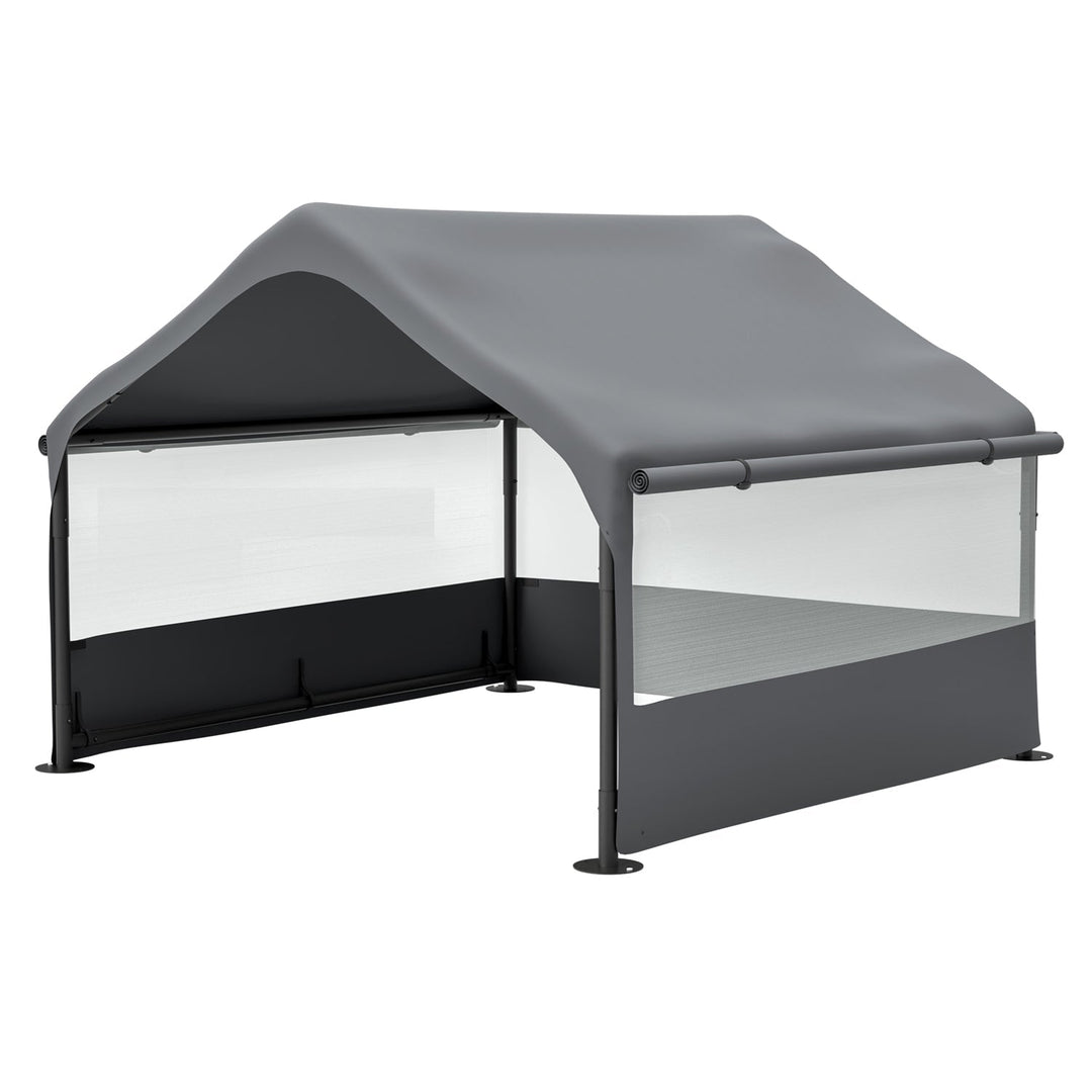 Grey outdoor dog house tent with mesh windows and open front platform