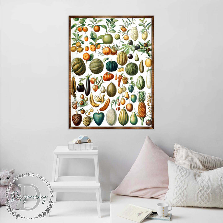 Framed fruit-themed wooden kids poster featuring colorful illustrated fruit and leaves