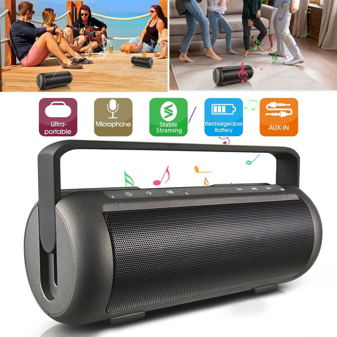 Portable wireless party speaker with top controls and front grille, dark gray.