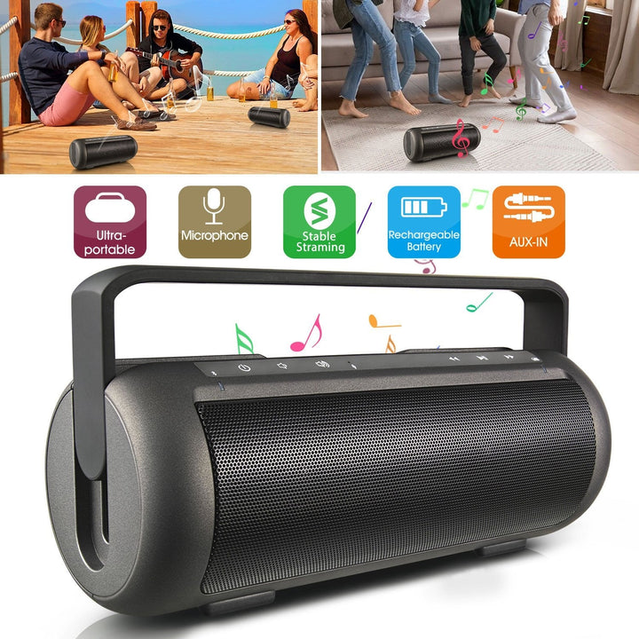 Portable wireless party speaker with top controls and front grille, dark gray.