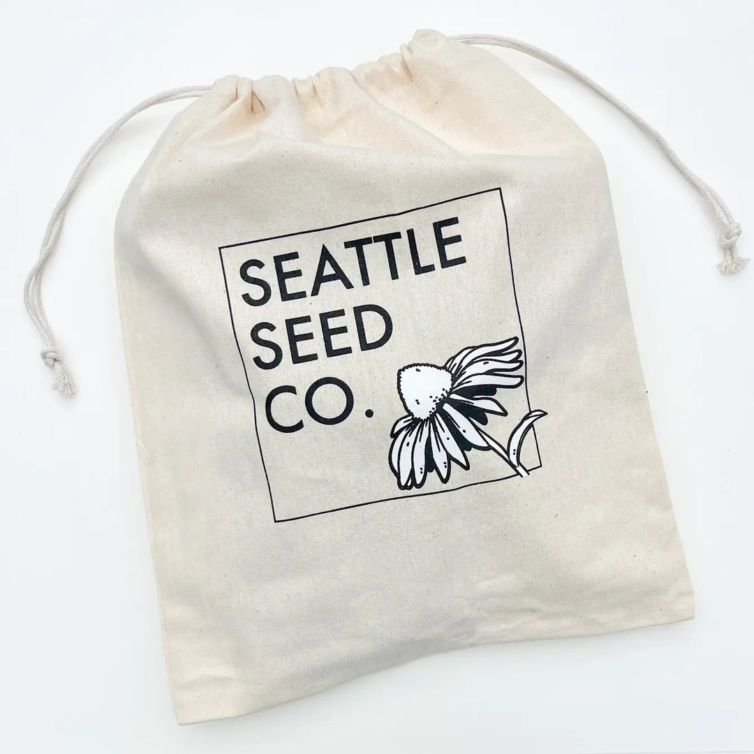Canvas drawstring storage pouch with Seattle Seed Co. logo
