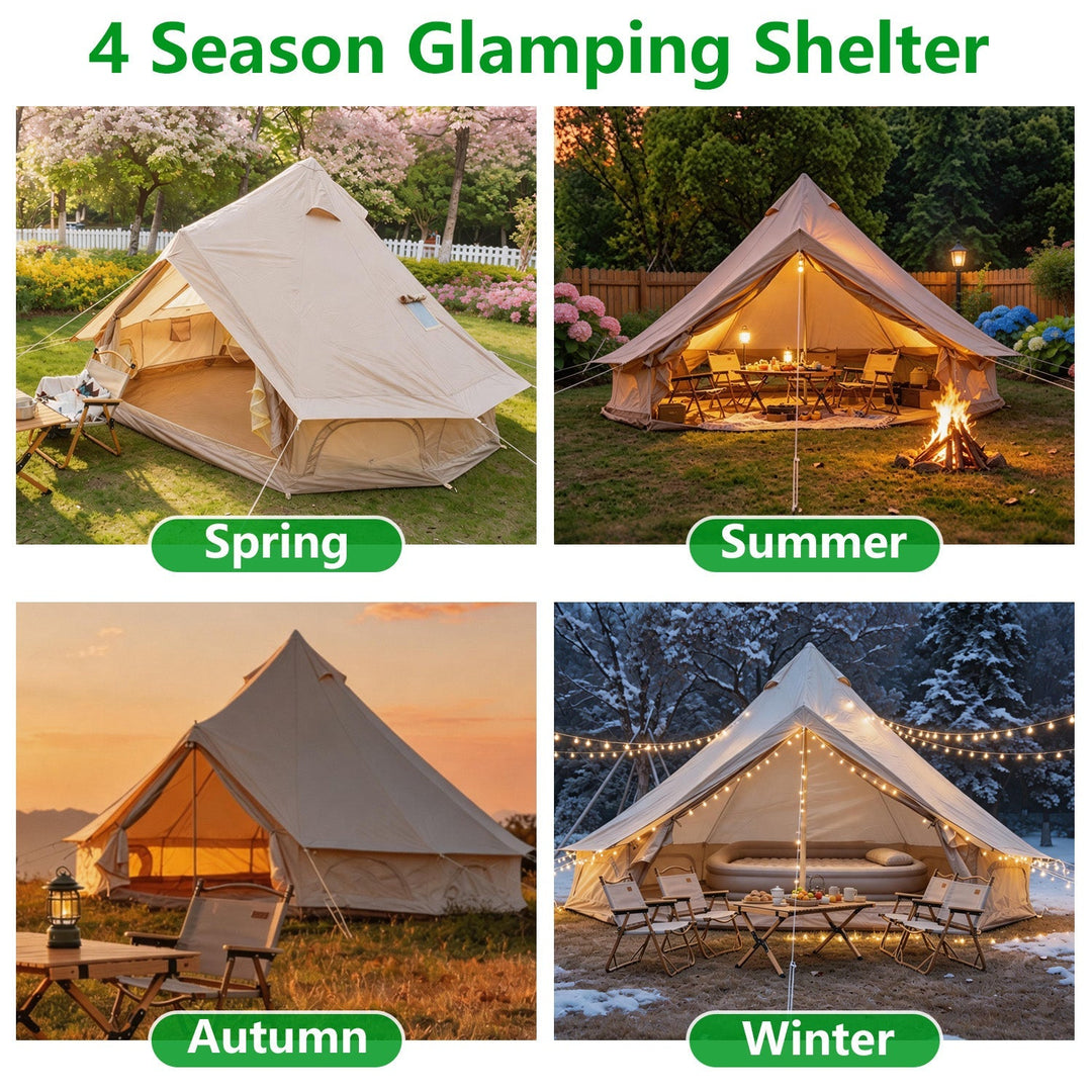 Beige 4-season glamping shelter showing bell tent in spring, summer, autumn, winter