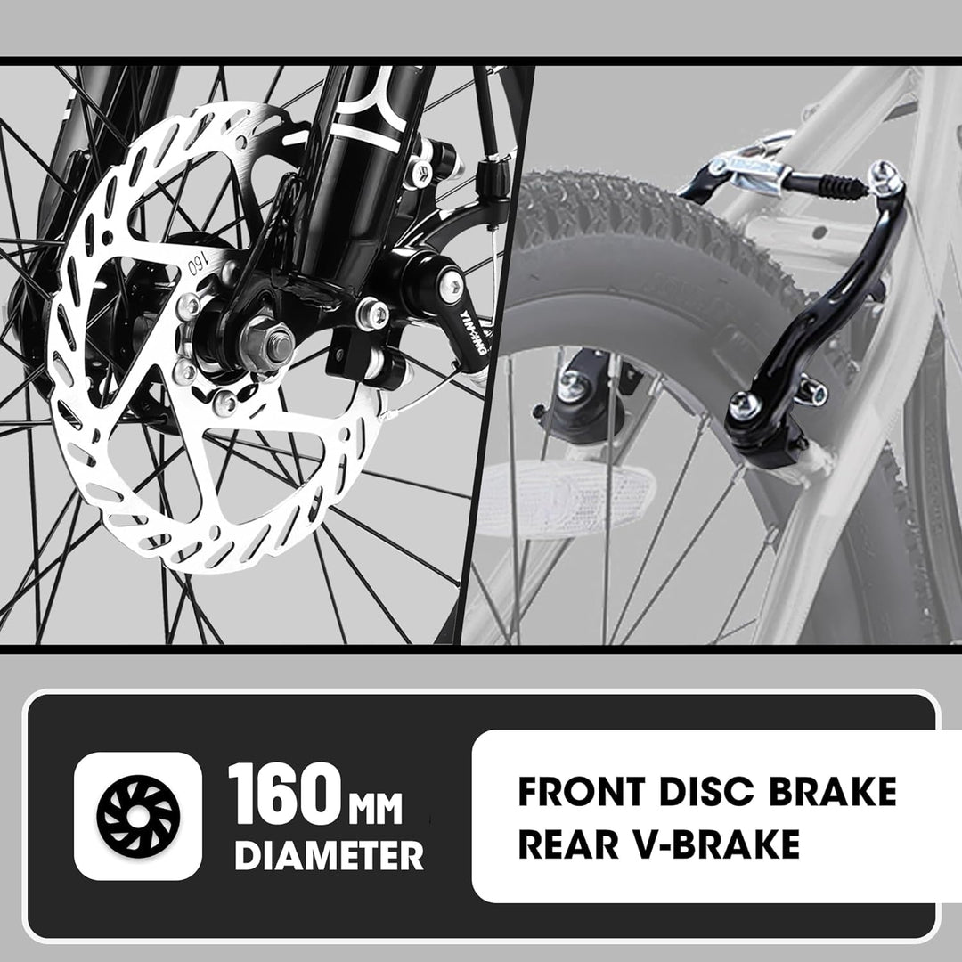 Front disc brake rotor and rear V-brake on a white kids 20-inch mountain bike
