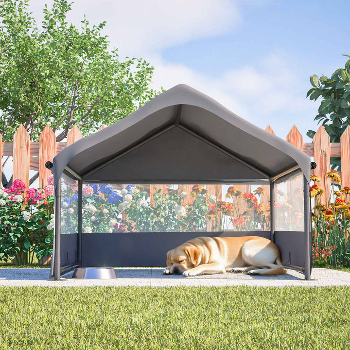 Gray dog house tent with mesh window panels and shelter canopy roof