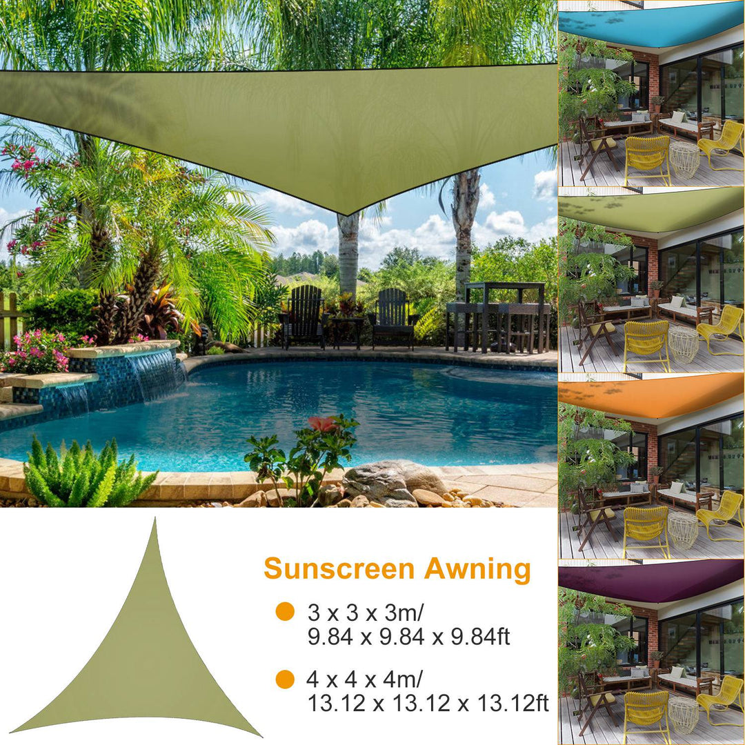 Olive triangular shade sail canopy stretched between corners