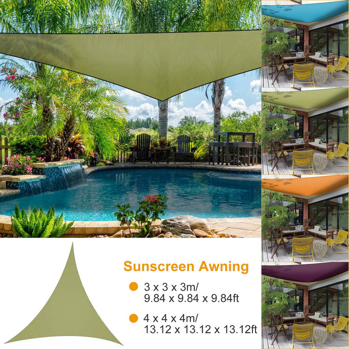 Olive triangular shade sail canopy stretched between corners