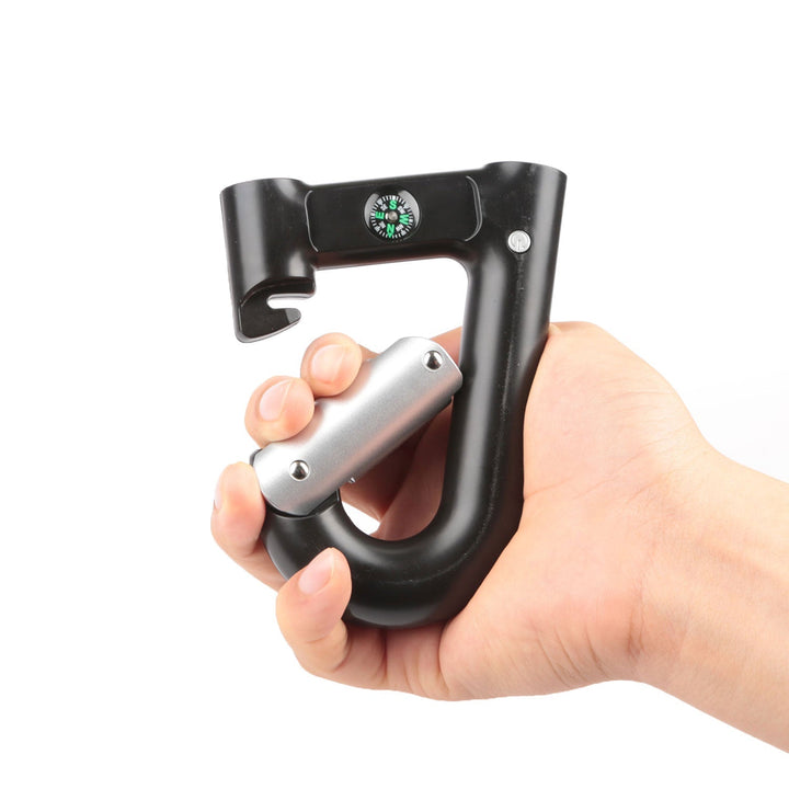 Black carabiner power bank with silver clasp open, compass dial on front