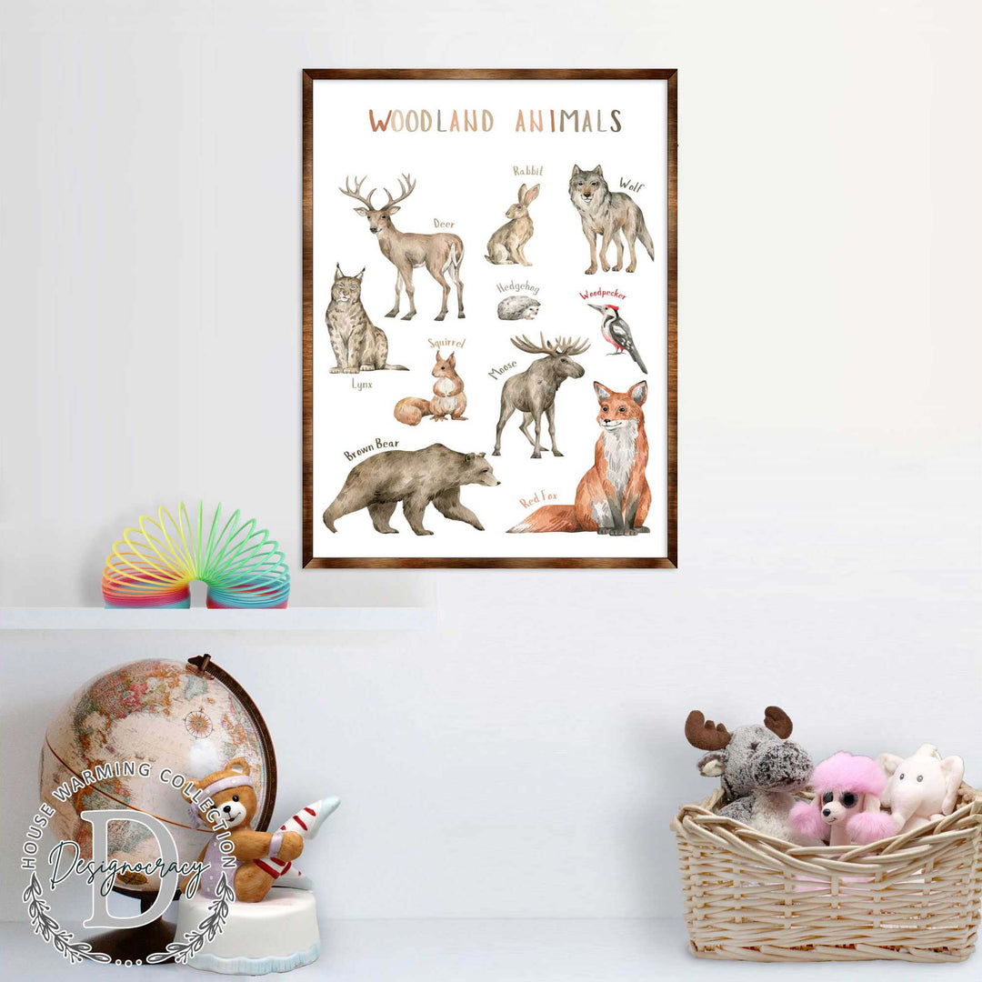 Framed woodland animals poster print showing wolf, deer, hedgehog, rabbit, and fox illustrations