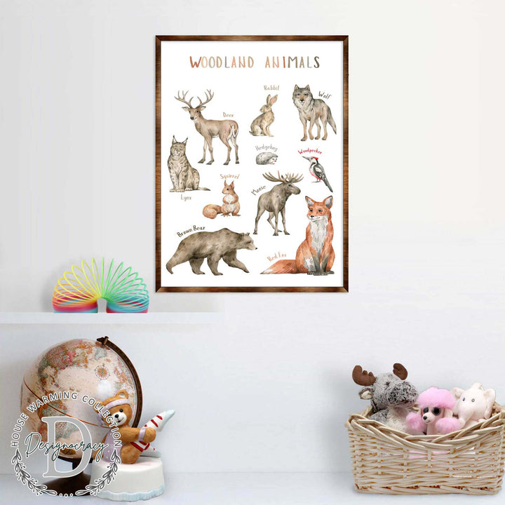 Framed woodland animals poster print showing wolf, deer, hedgehog, rabbit, and fox illustrations