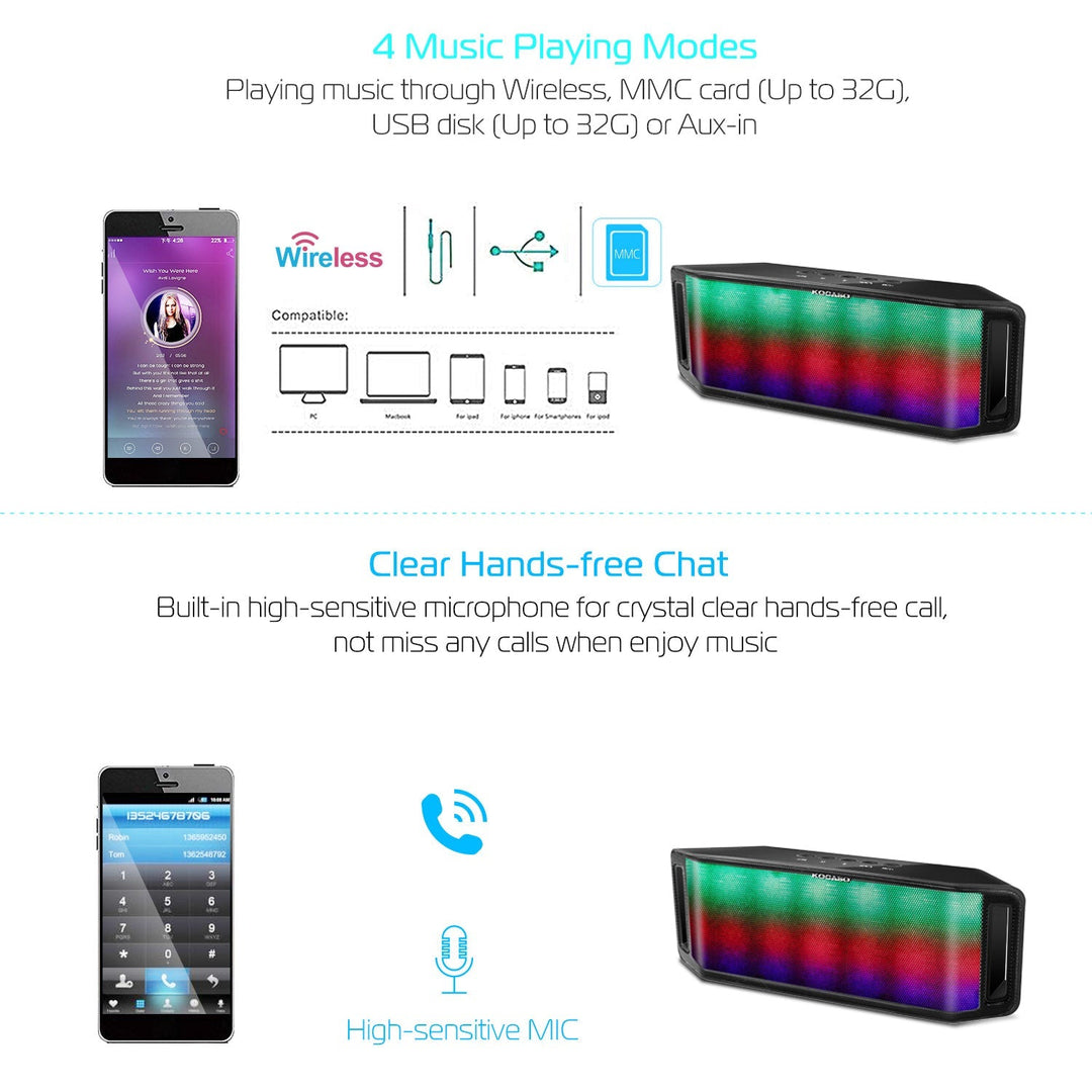 Wireless speaker with black casing and multicolor LED light panel on front