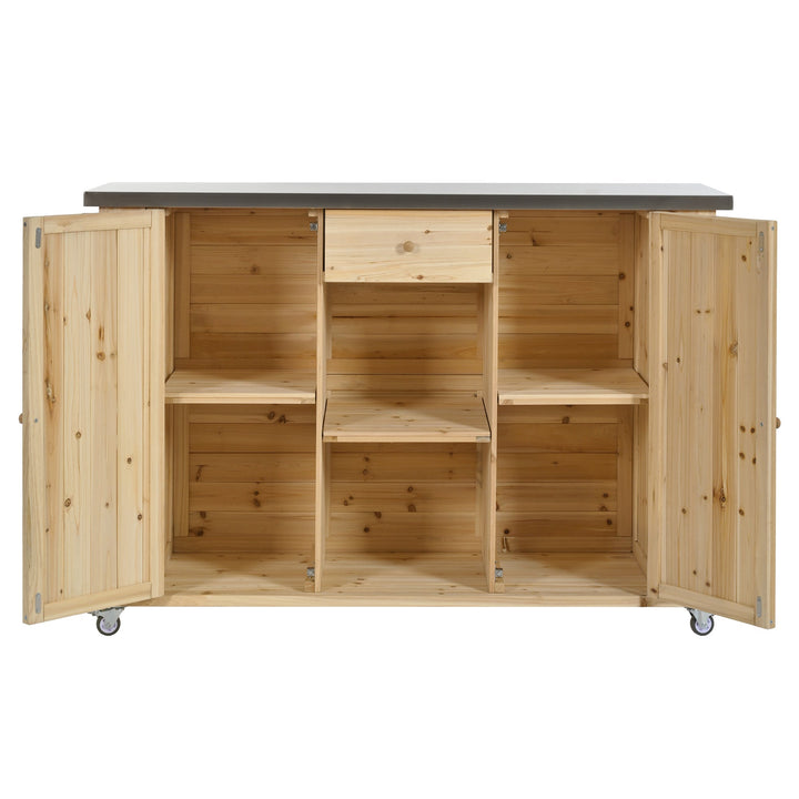 Fir Wood Kitchen Island with Stainless Steel Top