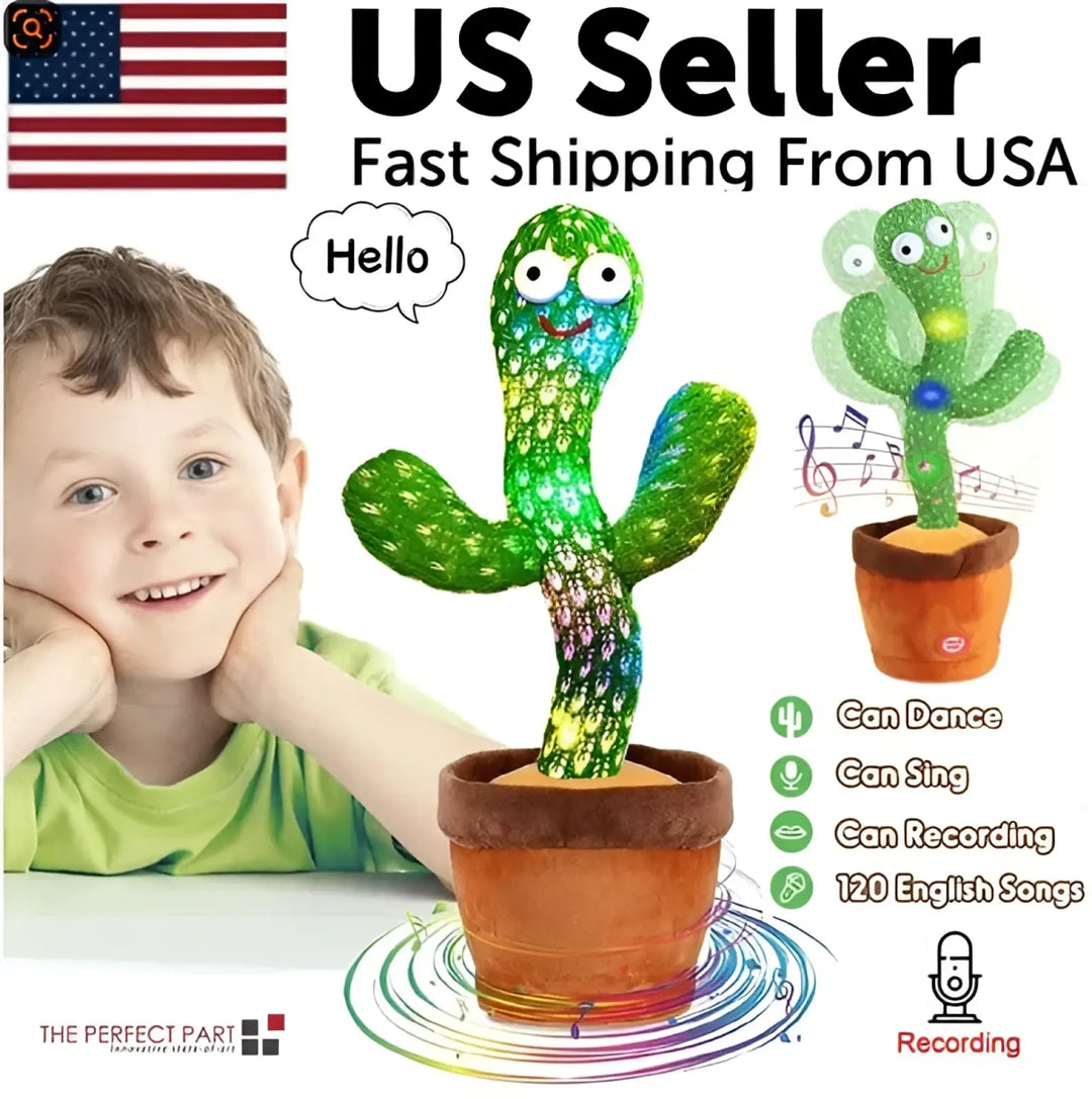 Green glowing cactus plush toy with smiling face, standing in a pot