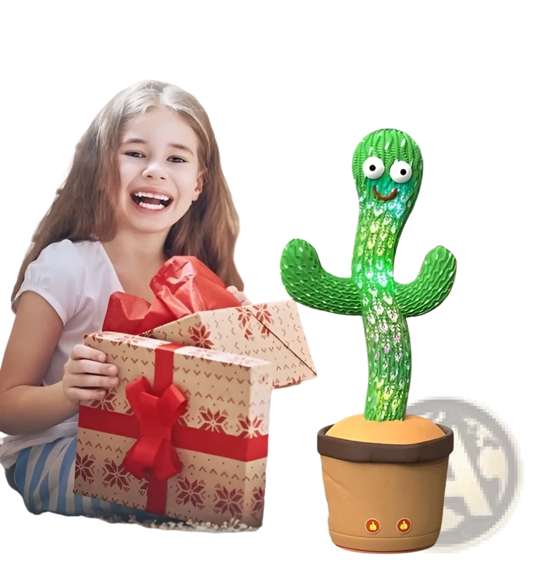 Green cactus plush toy with big eyes and LED sparkle lights, in a brown pot