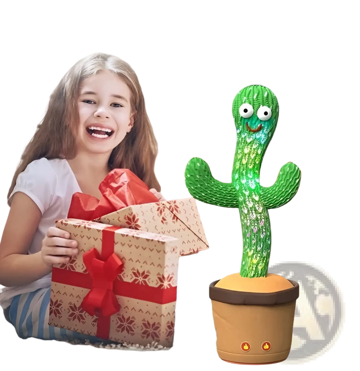 Green cactus plush toy with big eyes and LED sparkle lights, in a brown pot