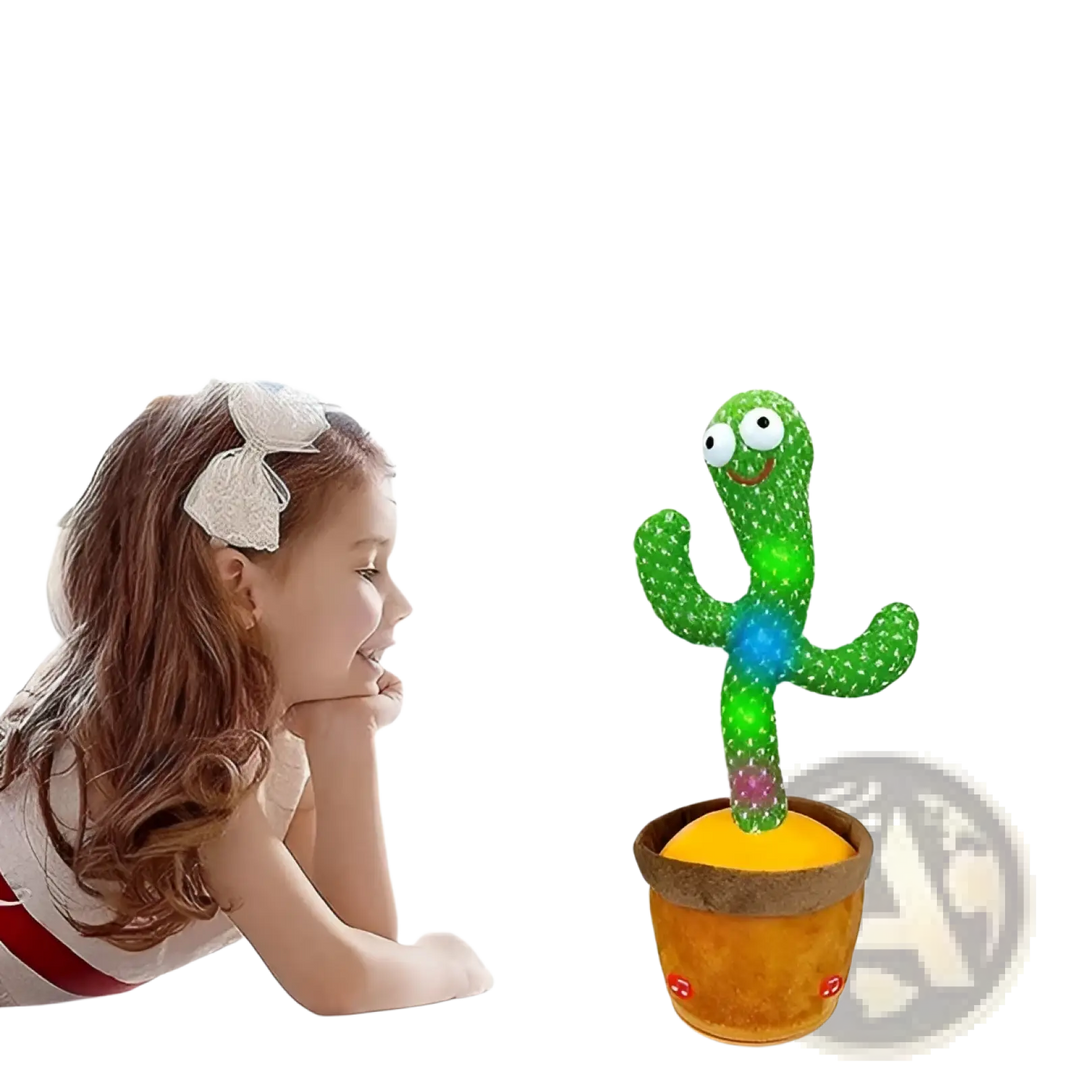 Green dancing cactus plush toy standing in a brown pot with LED light accents