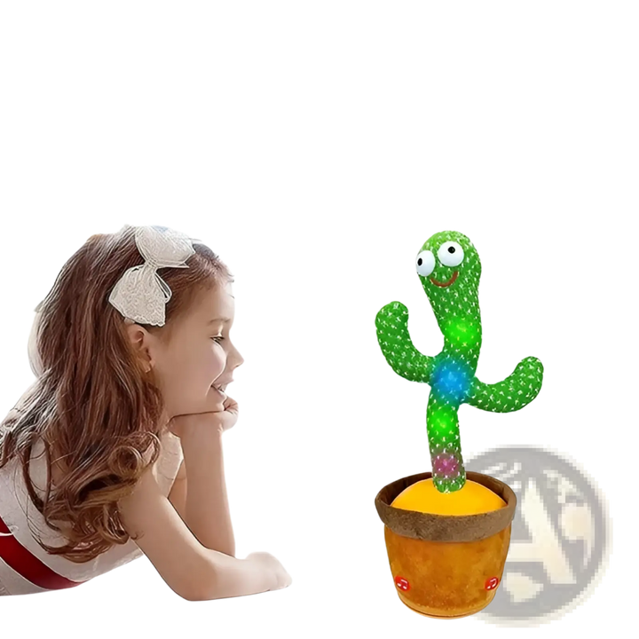 Green dancing cactus plush toy standing in a brown pot with LED light accents