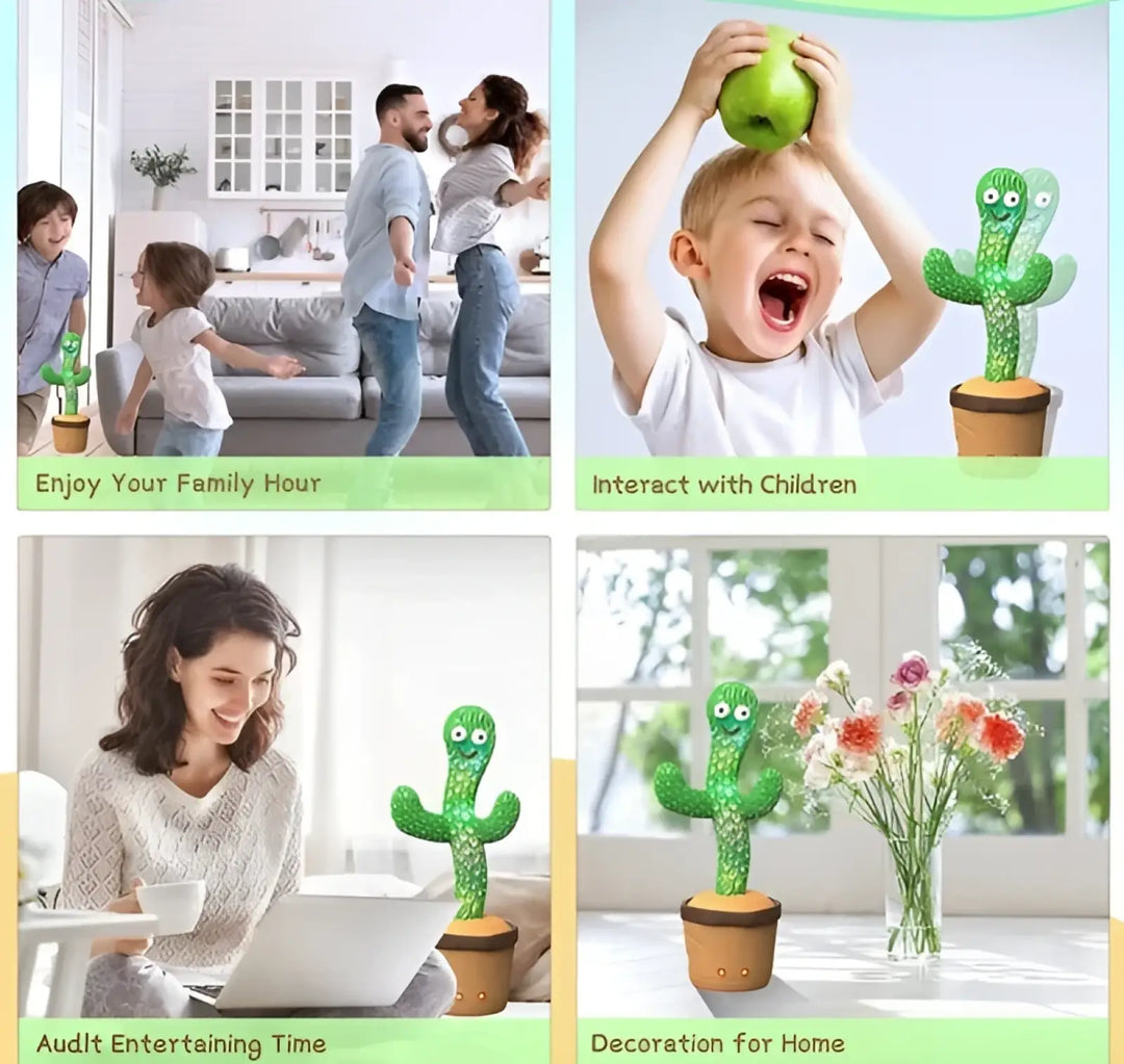 Green cactus plush toy in a brown pot with blinking LED lights